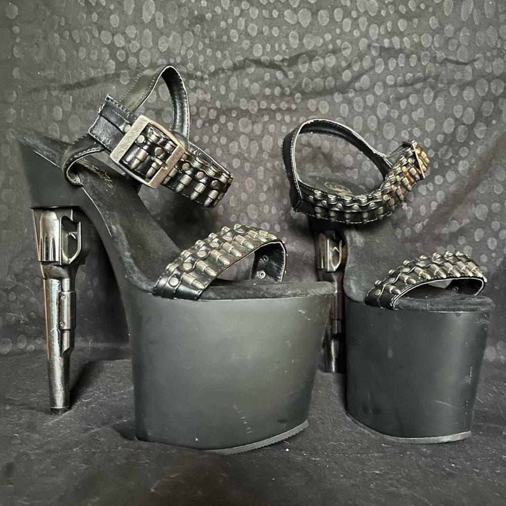 Black Gun Barrel Strapped Platform Heels